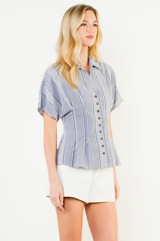 THML Short Sleeve Gingham Button Up Top