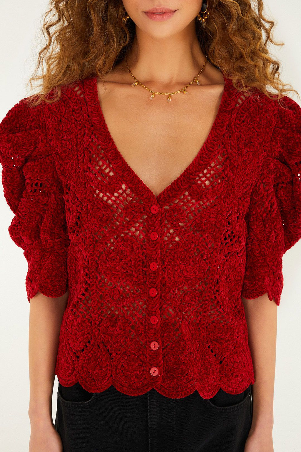 Farm Rio Red Rococo Heart Crochet Cardigan