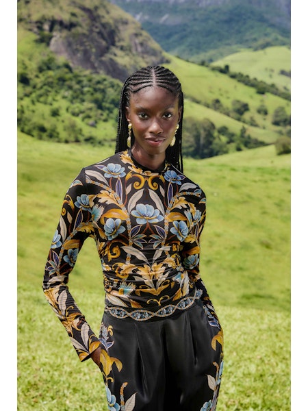 Farm Rio Snake Garden Black Jersey Blouse