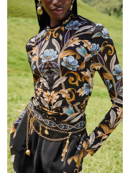 Farm Rio Snake Garden Black Jersey Blouse