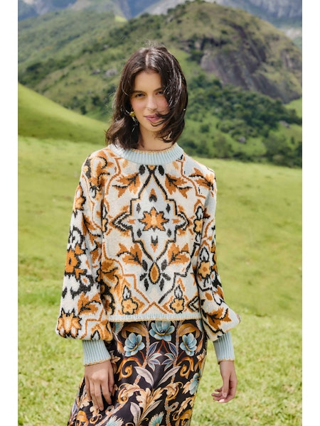 Farm Rio Winter Tapestry Blue Sweater