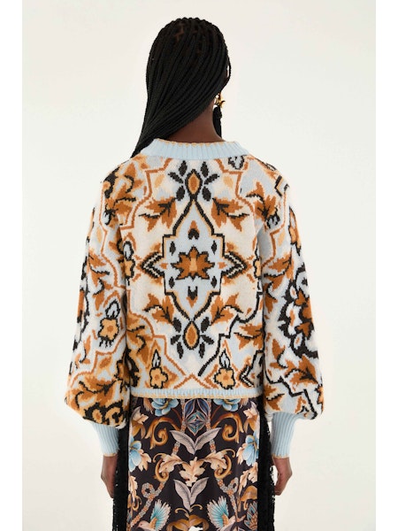 Farm Rio Winter Tapestry Blue Sweater