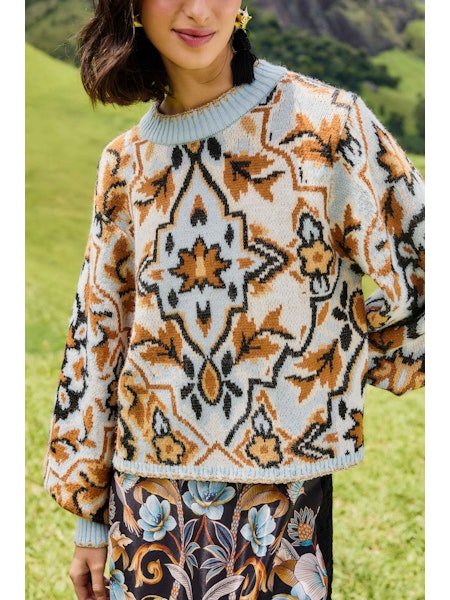 Farm Rio Winter Tapestry Blue Sweater