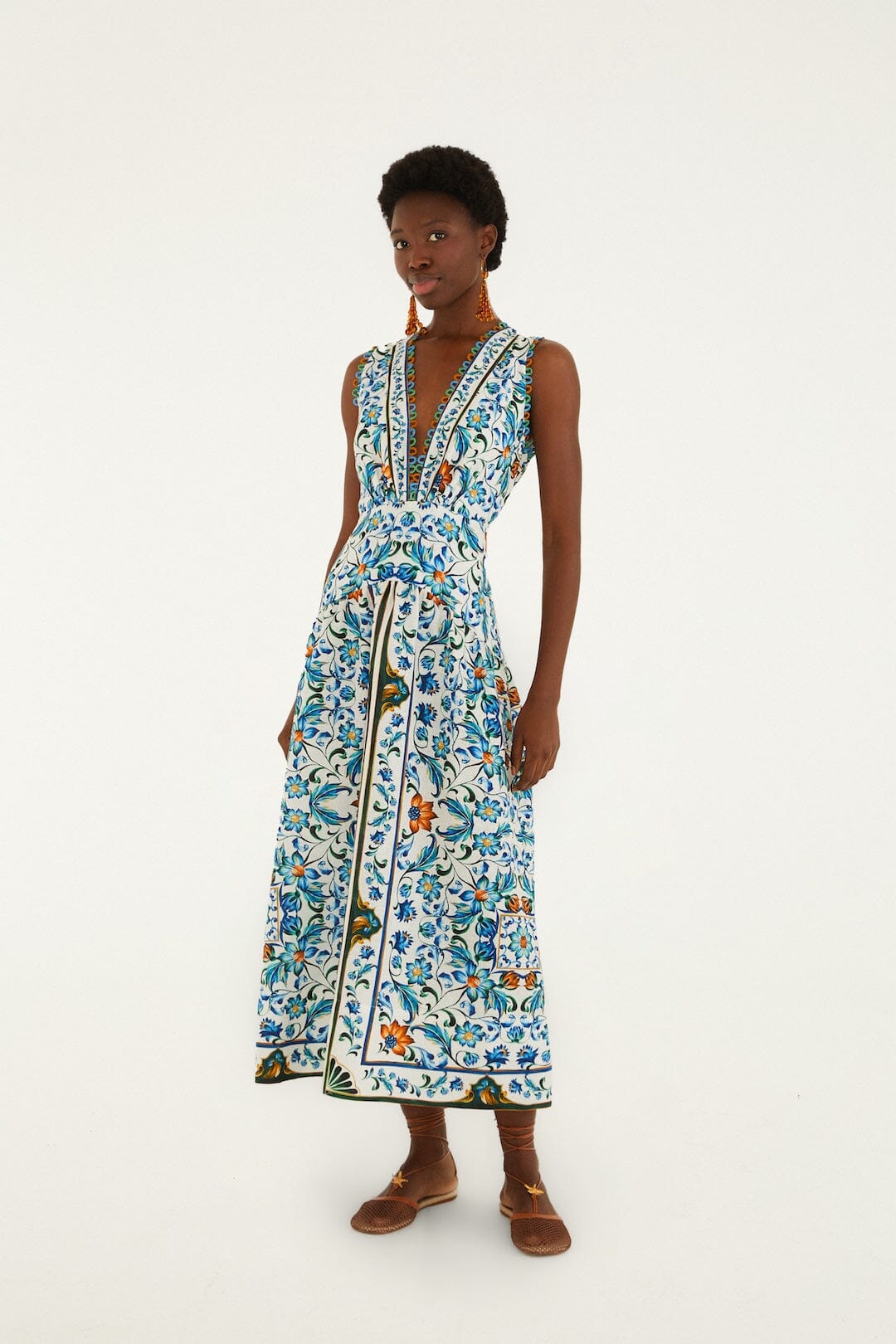 Farm Rio Flora Tile Off-White Midi Dress