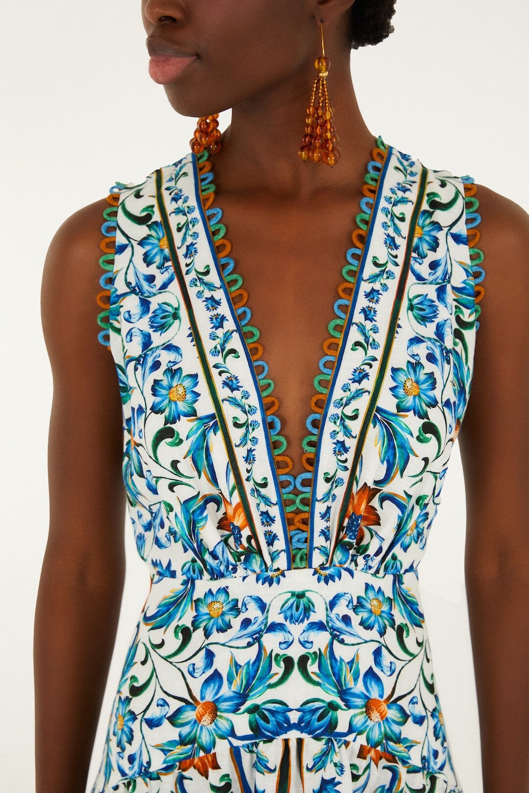 Farm Rio Flora Tile Off-White Midi Dress