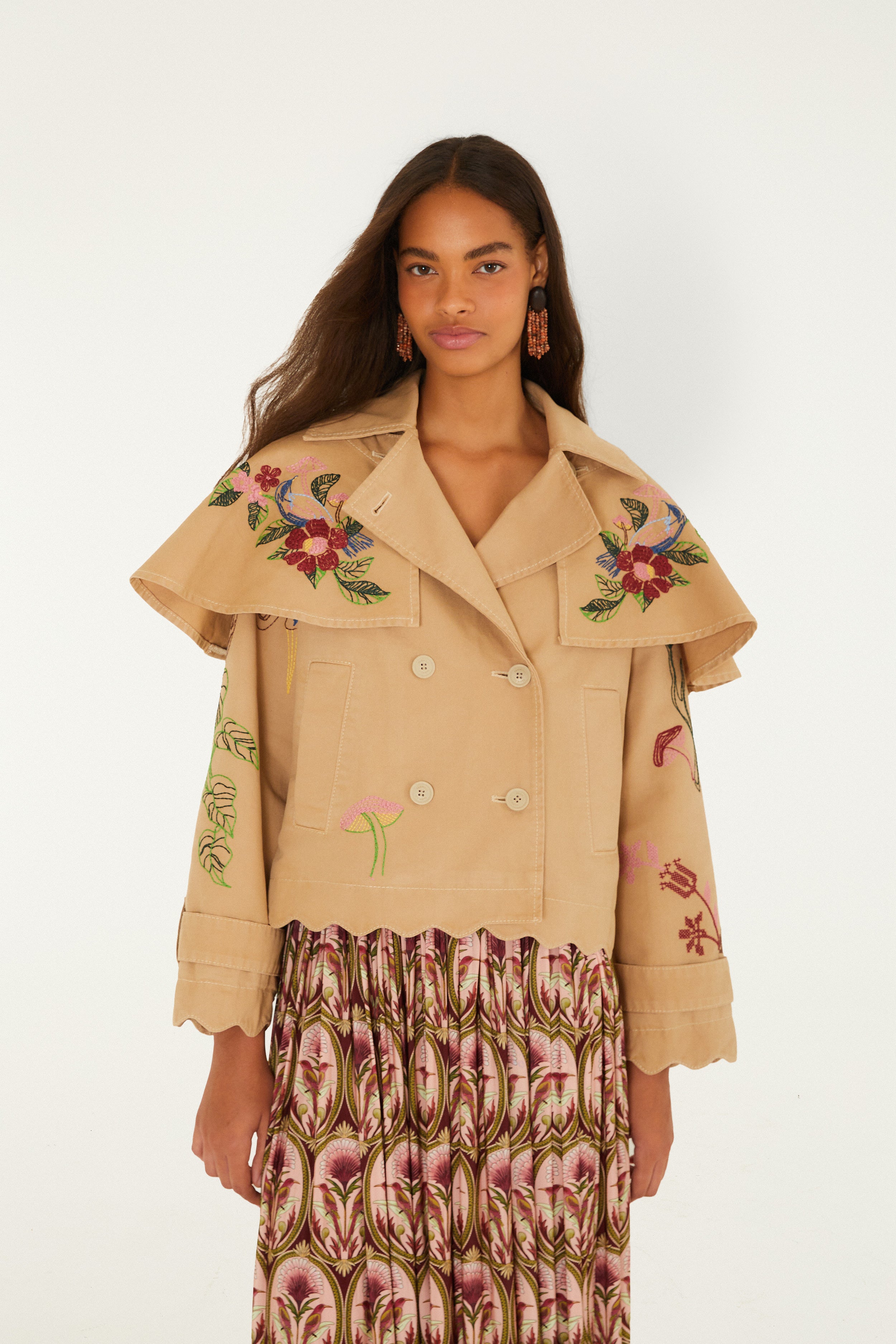 Farm Rio Twill Mini Trench Coat Beige