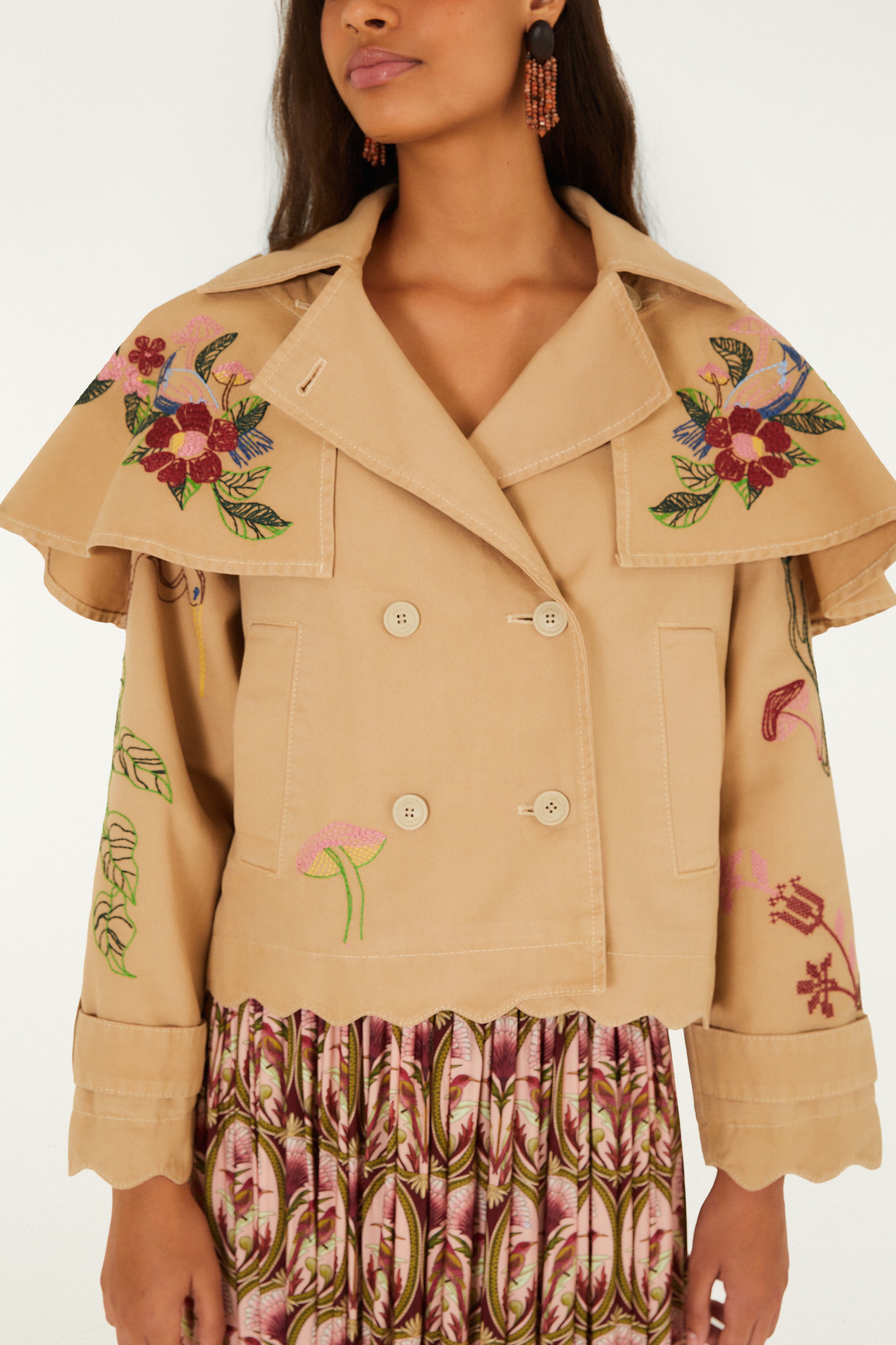 Farm Rio Twill Mini Trench Coat Beige