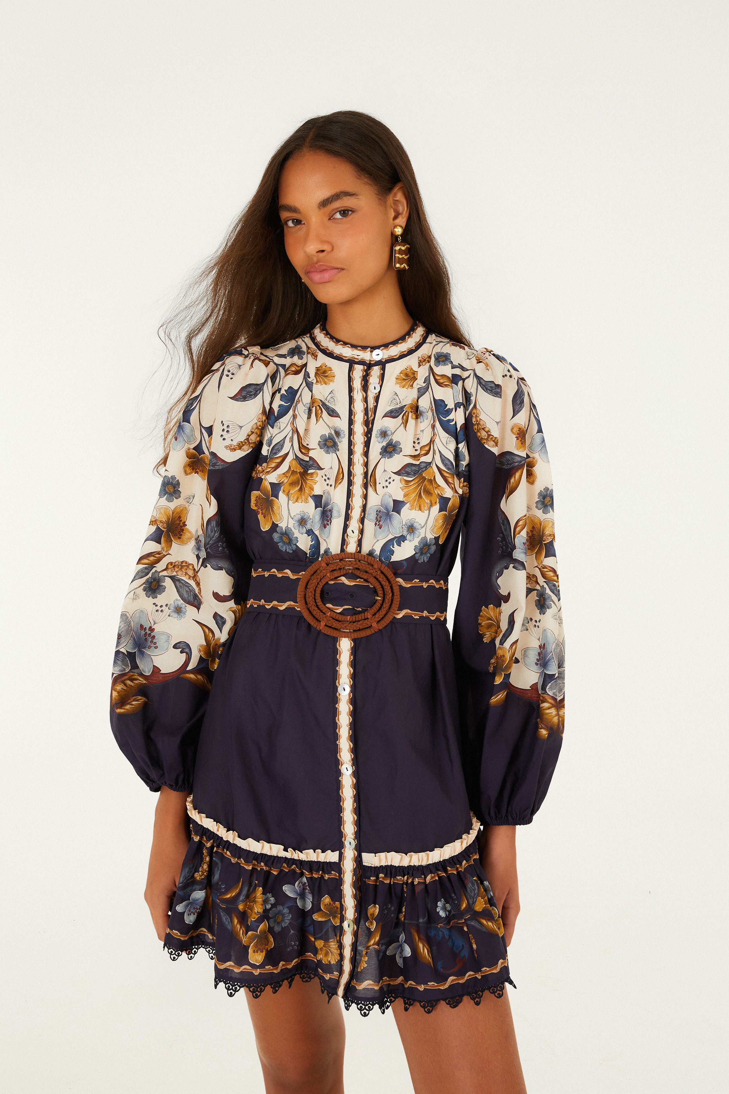farm Rio Golden Nature Navy Blue Mini Dress