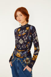 Farm Rio Golden Nature Navy Blue Blouse