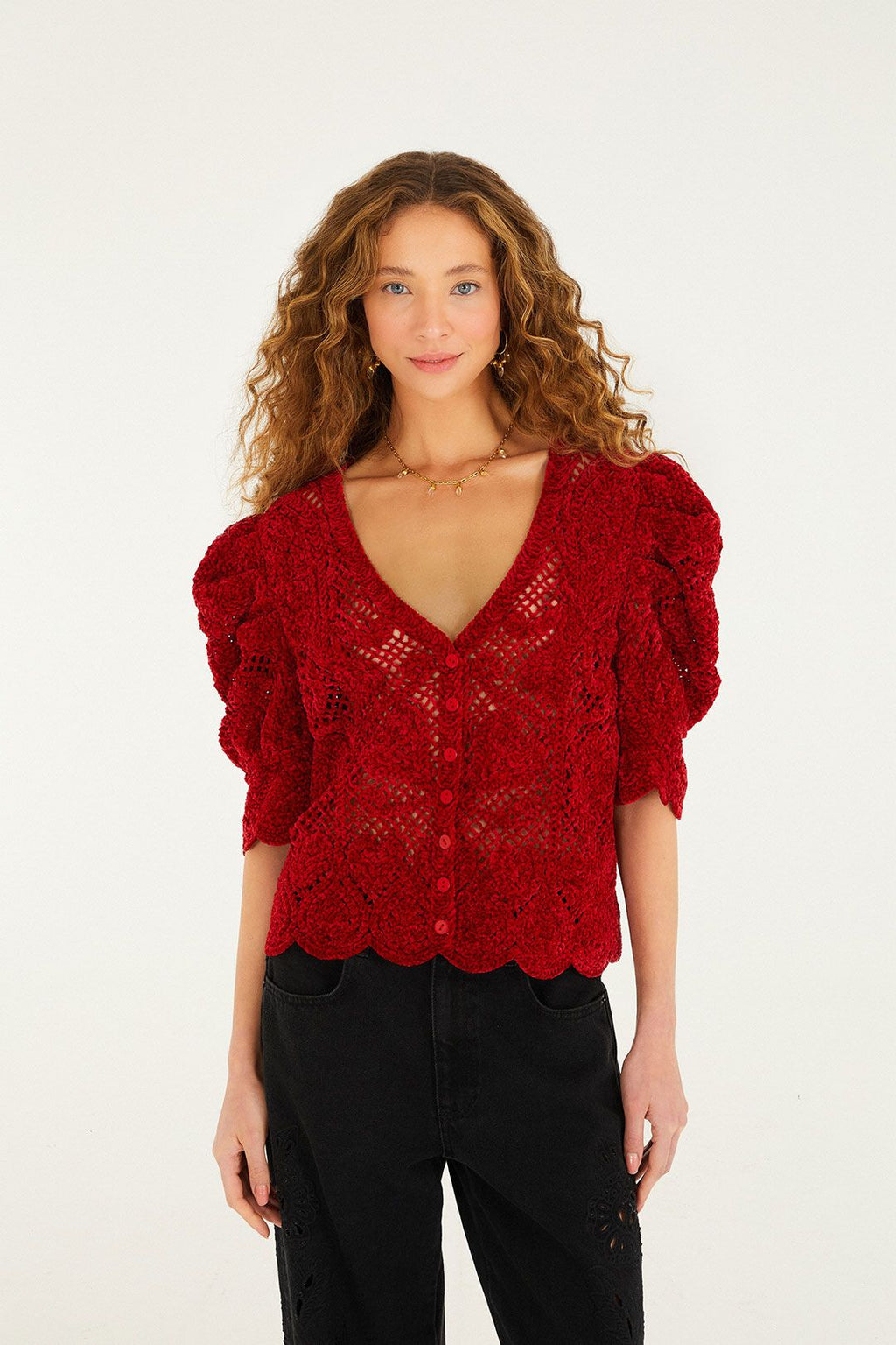 Farm Rio Red Rococo Heart Crochet Cardigan