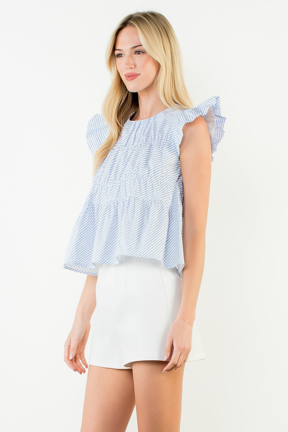 THML Ruffle Sleeve Striped Detail Top