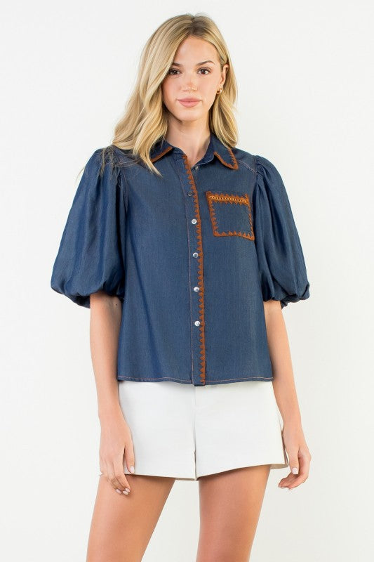 THML Puff Sleeve Denim Button Up
