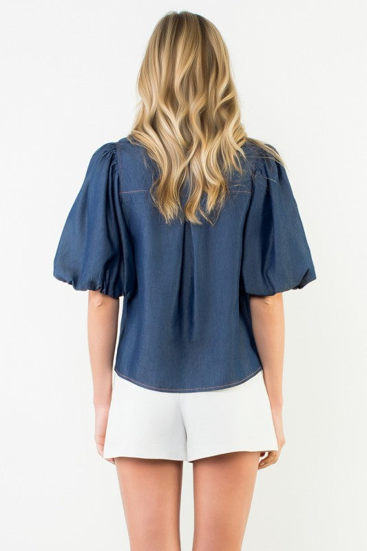 THML Puff Sleeve Denim Button Up
