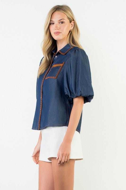 THML Puff Sleeve Denim Button Up
