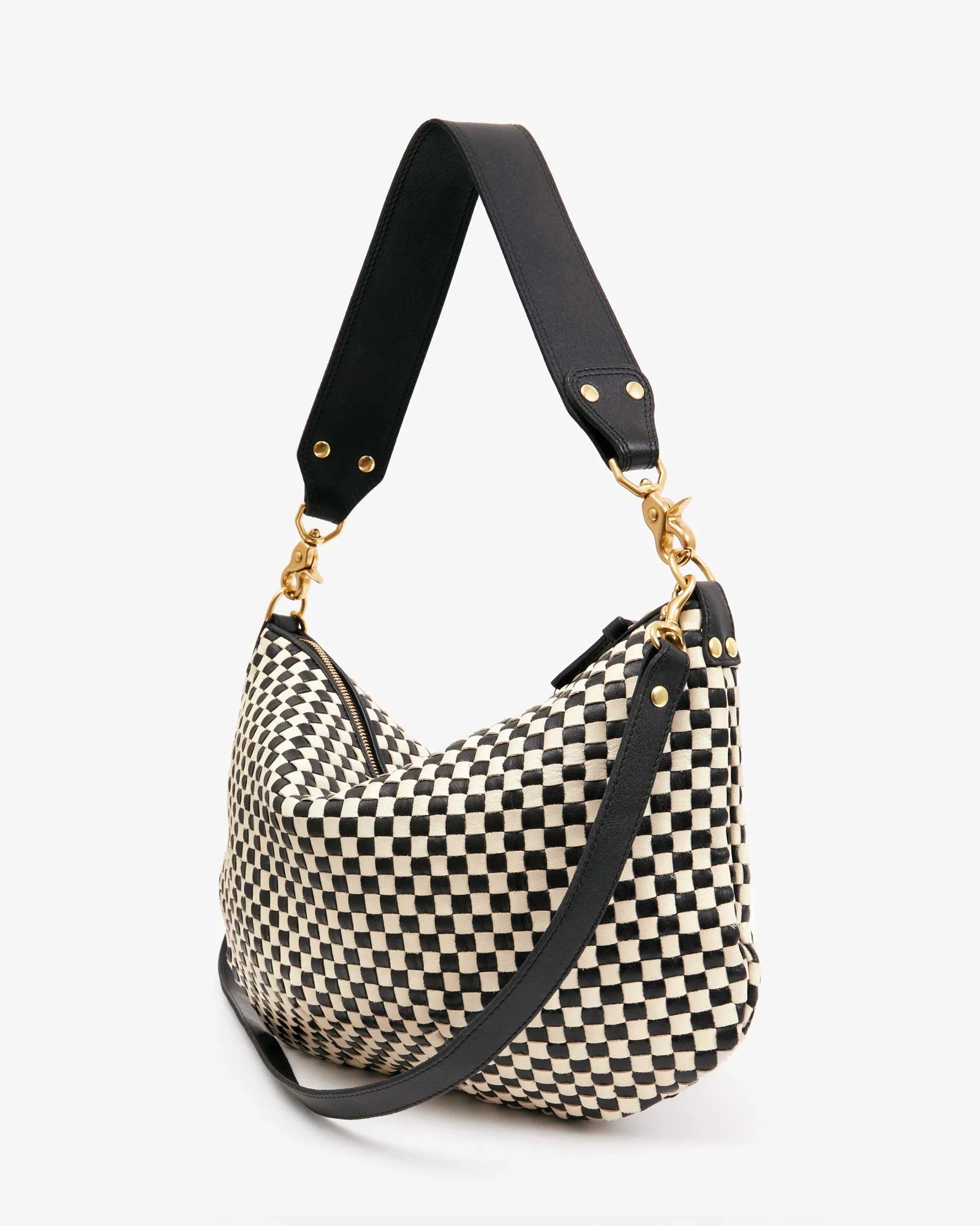 Clare V Moyen Messenger woven checker Black and Cream