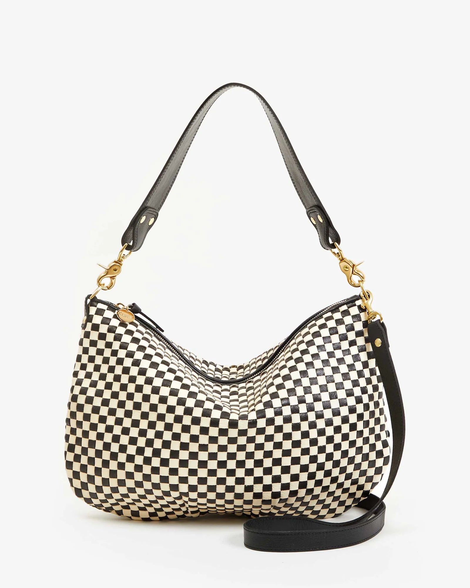 Clare V Moyen Messenger woven checker Black and Cream