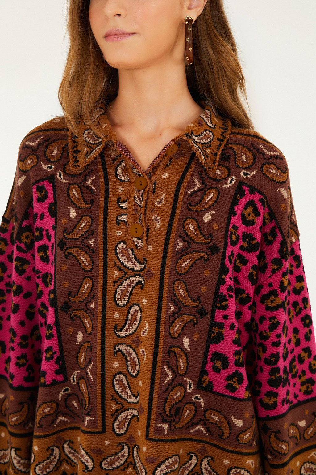 Farm Rio Leopard Scarf Polo Sweater
