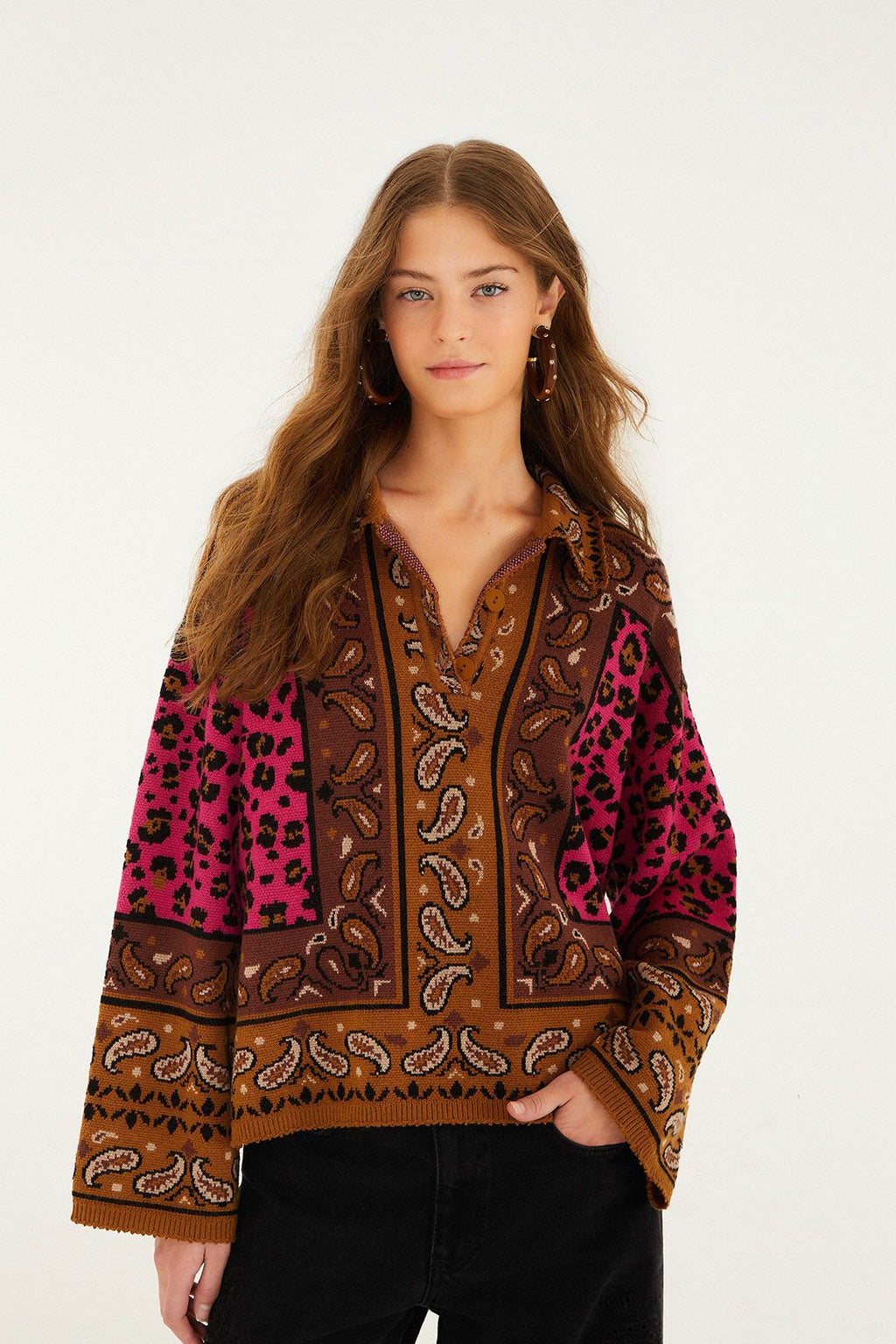 Farm Rio Leopard Scarf Polo Sweater