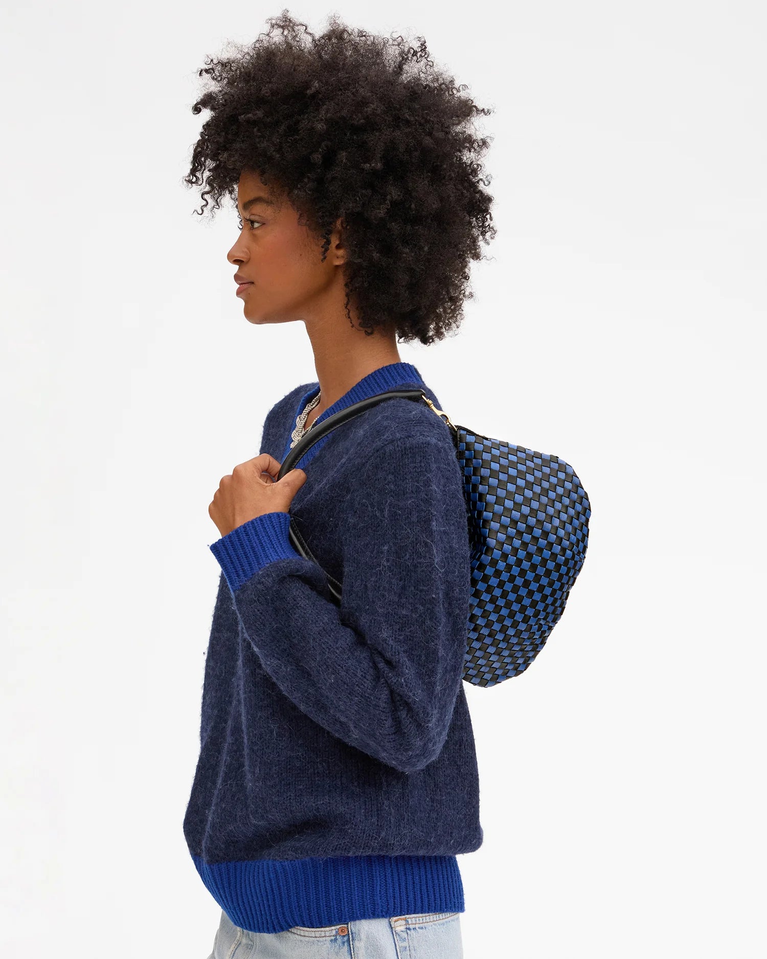 Clare V Petit Moyen Messenger Woven Checker Black/Cobalt