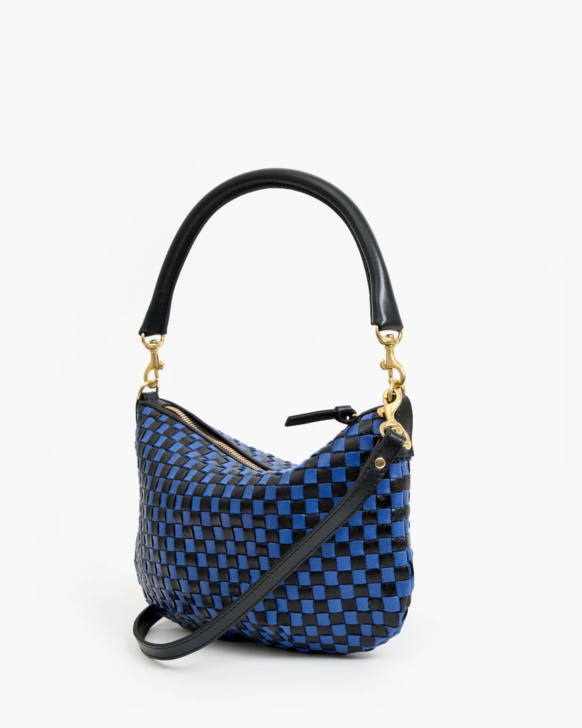 Clare V Petit Moyen Messenger Woven Checker Black/Cobalt