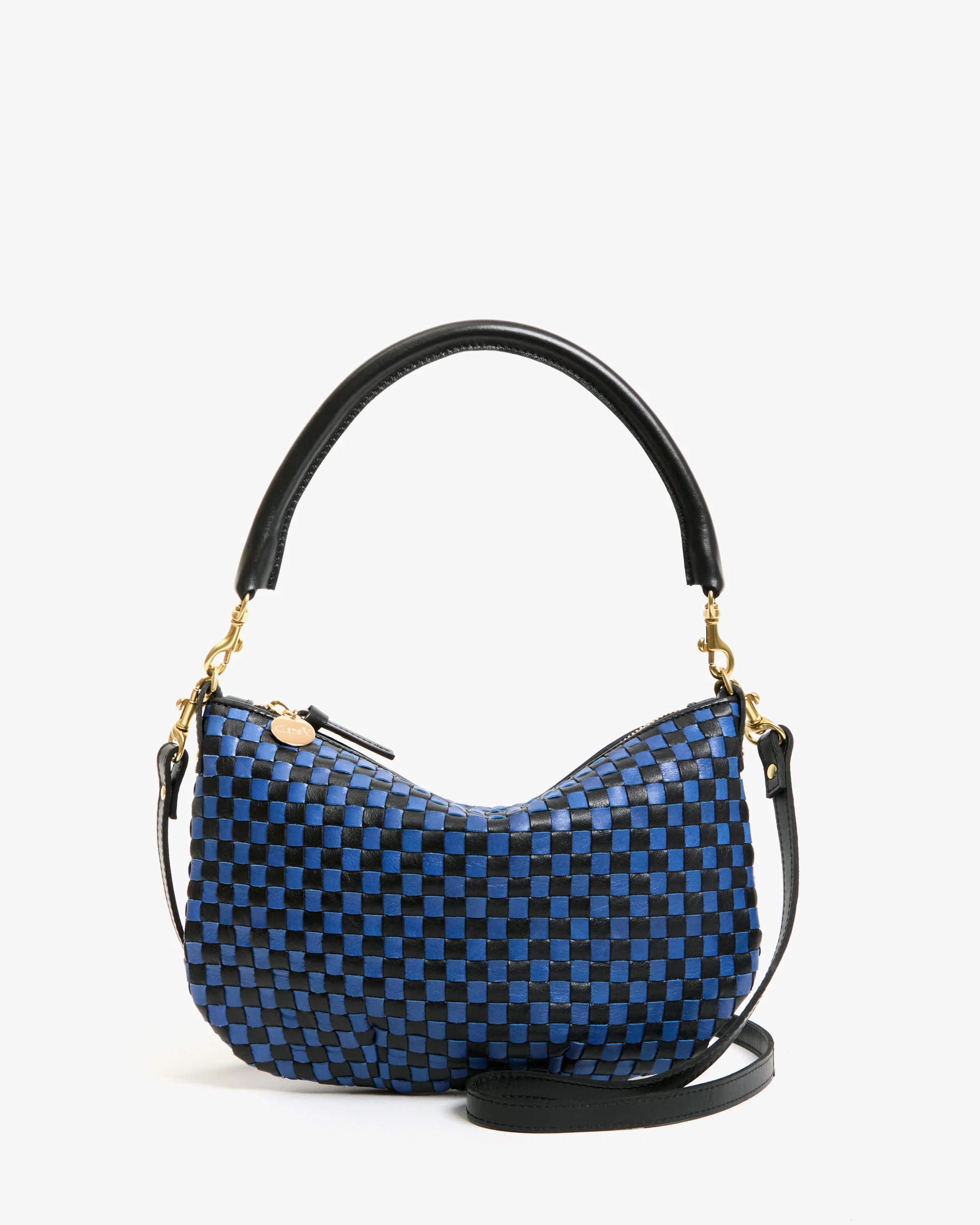 Clare V Petit Moyen Messenger Woven Checker Black/Cobalt