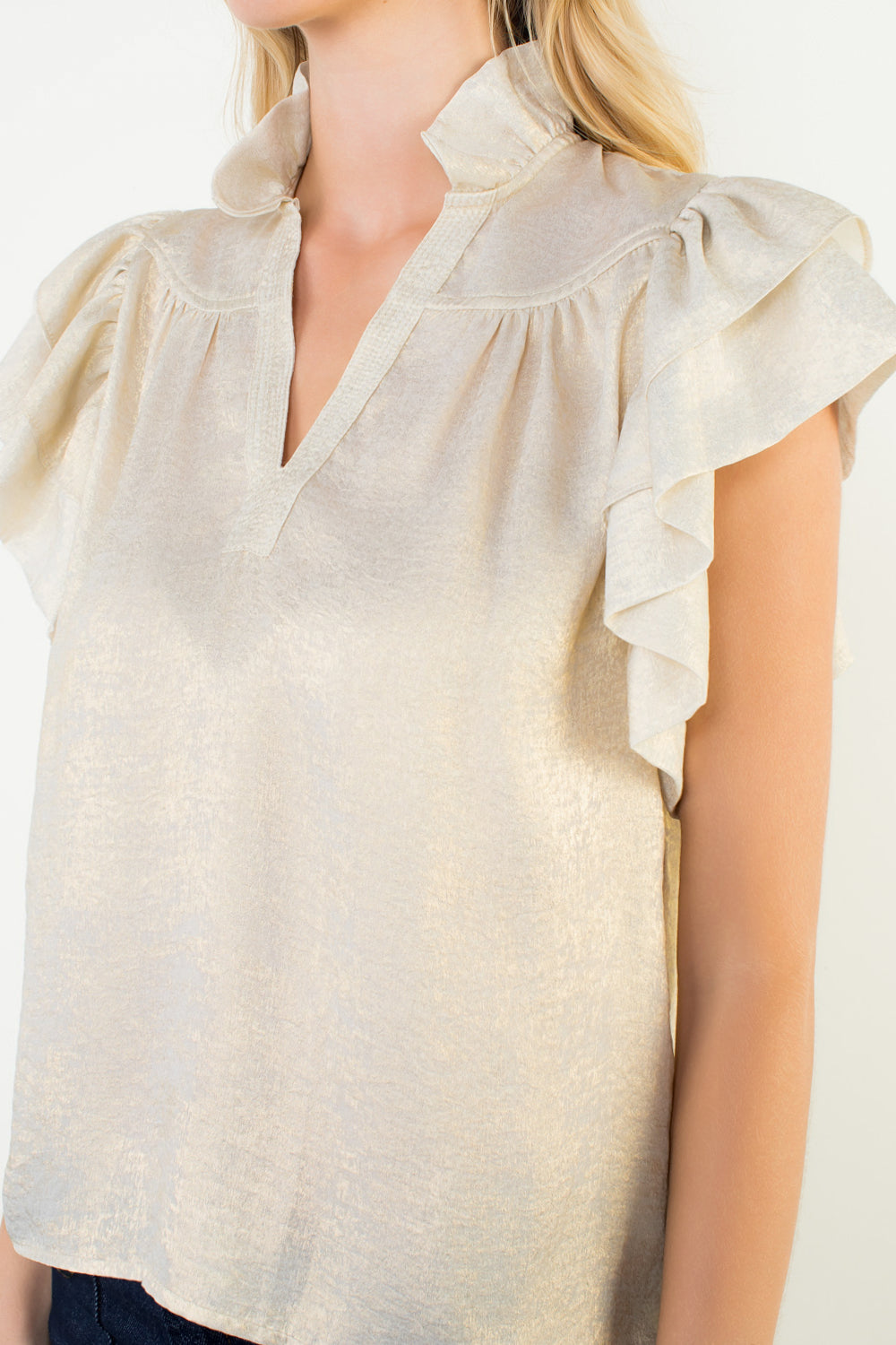 THML Flutter sleeve Shimmery V-Neck Top