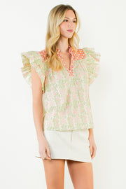 THML Ruffle Sleeve Floral Pattern V-Neck Top