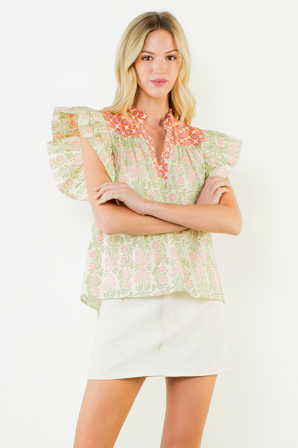 THML Ruffle Sleeve Floral Pattern V-Neck Top