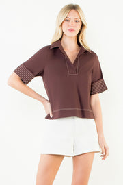 THML Short Sleeve Collared VNeck Top