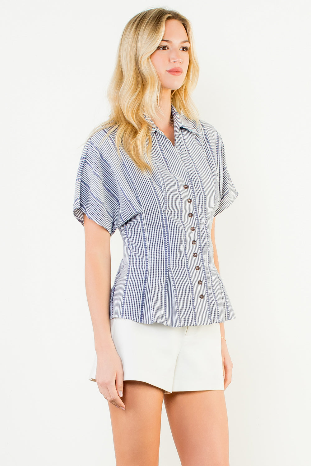 THML Short Sleeve Gingham Button Up Top
