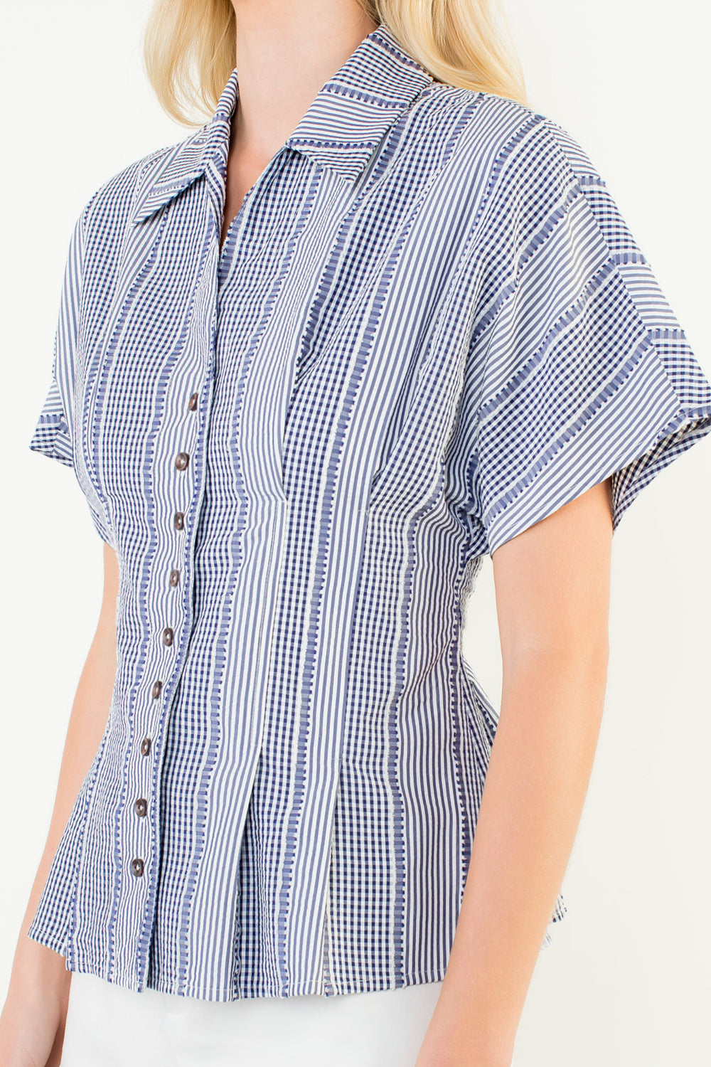 THML Short Sleeve Gingham Button Up Top