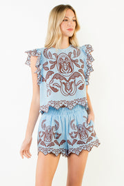 THML Ruffle Sleeve Embroidery Detail Top