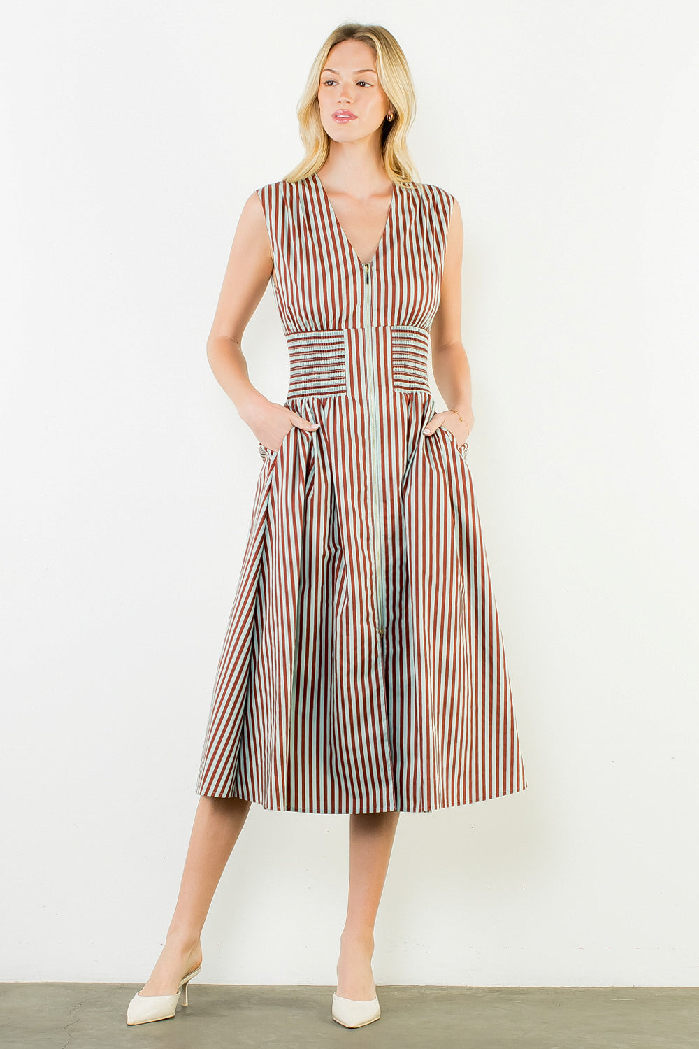THML Sleeveless vertical stripes zippered dress