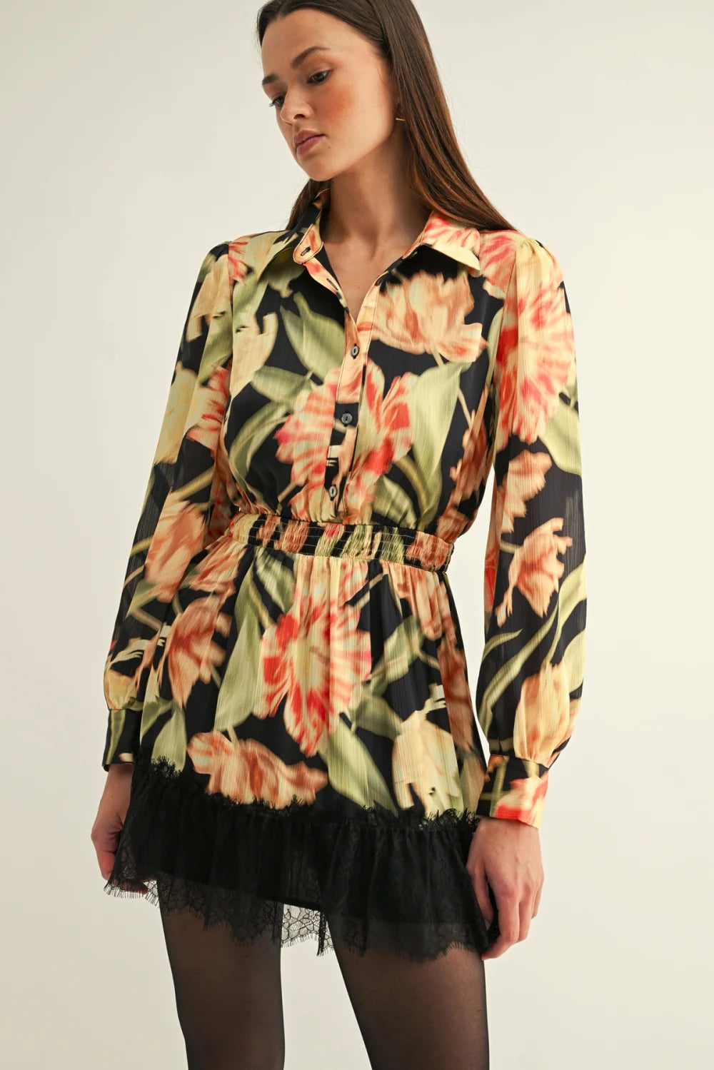 Adelyn Rae Frida Lace Hem Shirt Dress F2610D7472