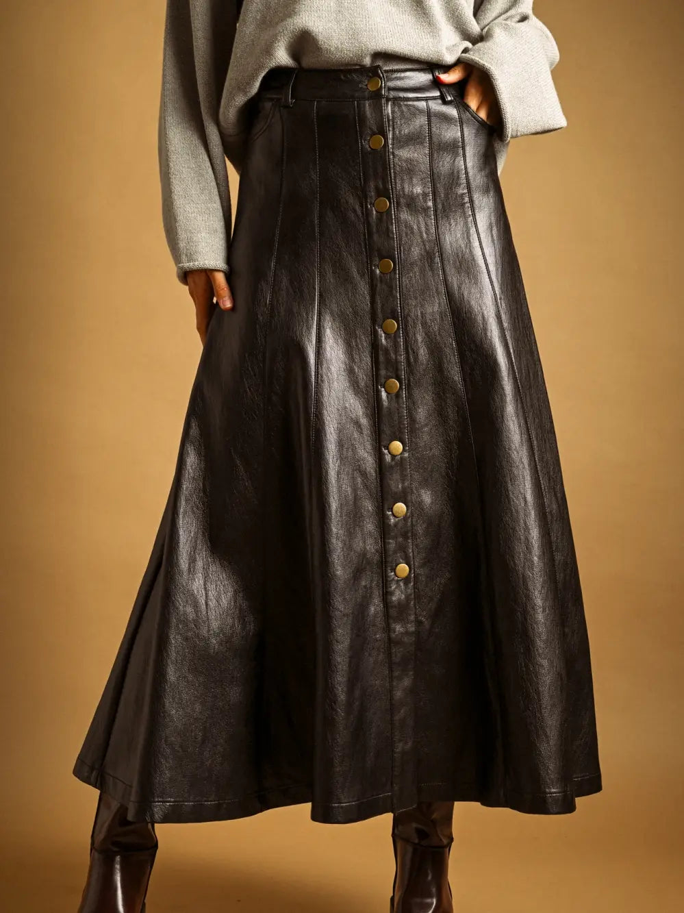 Miou Muse Faux Leather Button Front Skirt