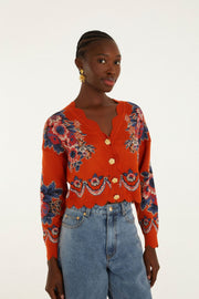 Farm Rio Victorian Floral Teracot Knit Cardigan