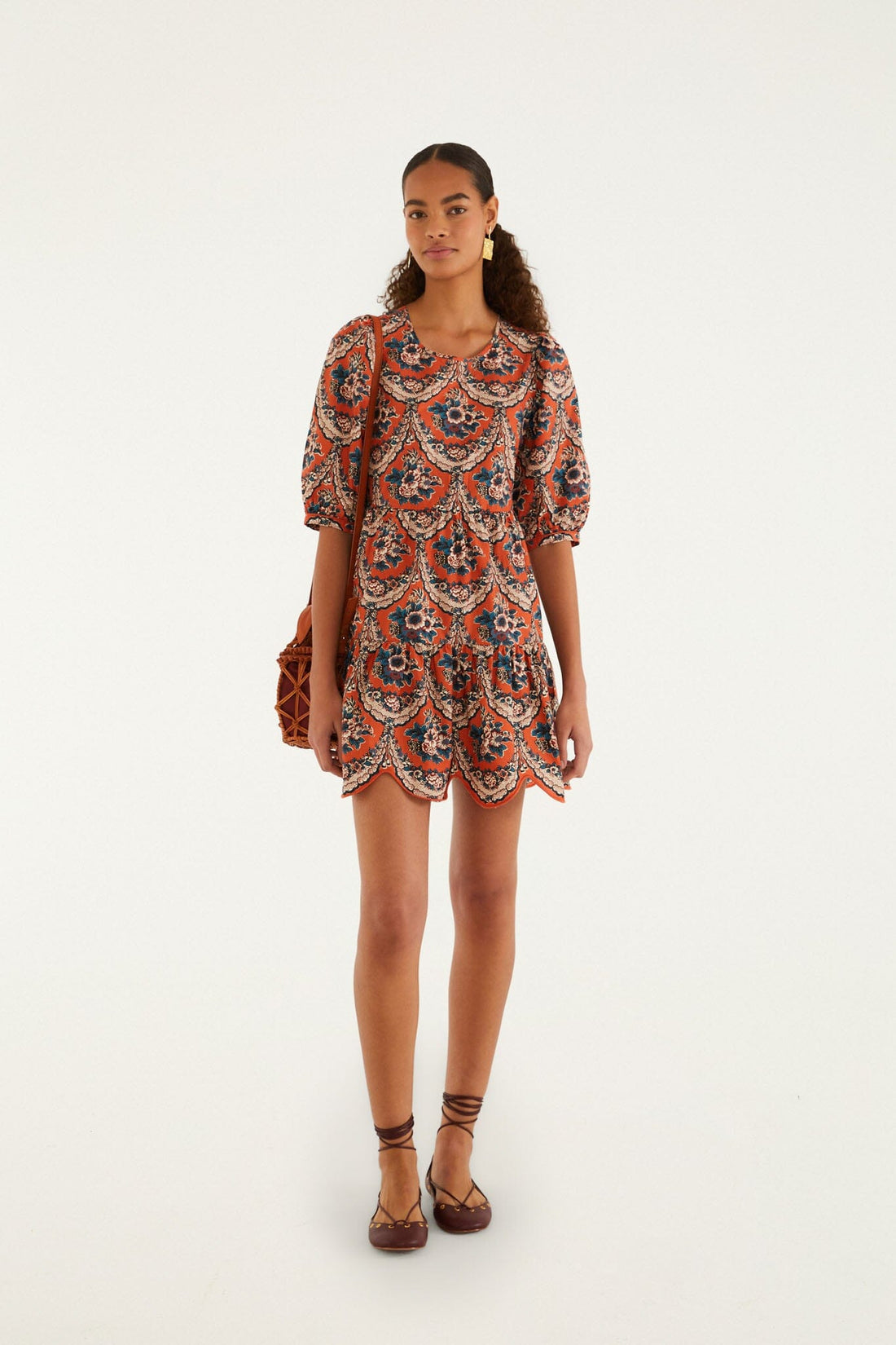 Farm Rio Victorian Floral Terracot Mini Dress