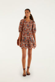 Farm Rio Victorian Floral Terracot Mini Dress