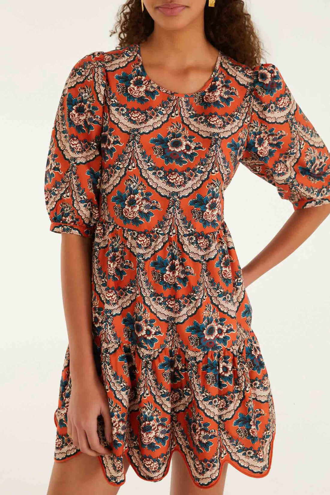 Farm Rio Victorian Floral Terracot Mini Dress